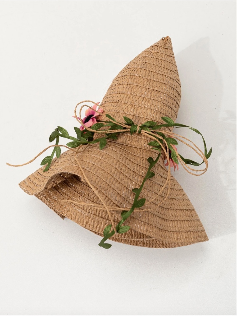 SHEIN Tan Straw Floppy Hat with Pink Floral & Red Bead Trim - Picture 3 of 5